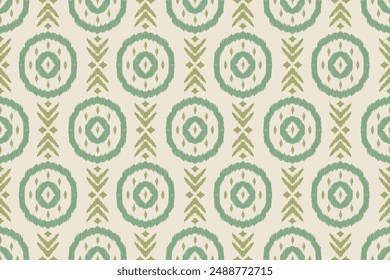 Green and beige ikat fabric pattern with geometric circles. Traditional ethnic weaving design. Seamless fabric background for carpets, doormats, wallpapers, wrapping papers, fabrics, clothing.