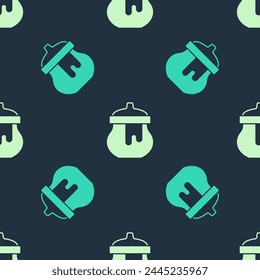 Green and beige Jar of honey icon isolated seamless pattern on blue background. Food bank. Sweet natural food symbol.  Vector