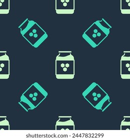 Green and beige Jar of honey icon isolated seamless pattern on blue background. Food bank. Sweet natural food symbol.  Vector