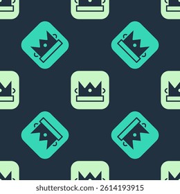 Green and beige King playing card icon isolated seamless pattern on blue background. Casino gambling.  Vector