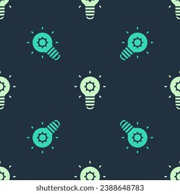Bombilla de luz verde y beige con el concepto de icono de idea aislado patrón sin fisuras sobre fondo azul. Símbolo de energía e ideas. Concepto de inspiración.  Vector