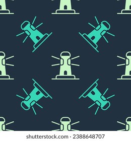 Green and beige Lighthouse icon isolated seamless pattern on blue background.  Vector