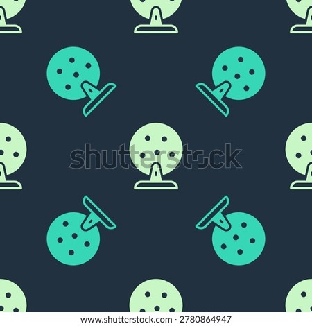 Green and beige Lottery machine with lottery balls inside icon isolated seamless pattern on blue background. Lotto bingo game of luck concept. Wheel drum leisure.  Vector