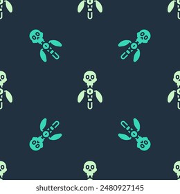 Icono del personal de Magic verde y beige aislado patrón sin fisuras sobre fondo azul. Varita mágica, cetro, palo, vara.  Vector
