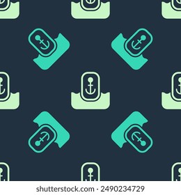 Green and beige Map pointer with anchor icon isolated seamless pattern on blue background.  Vector