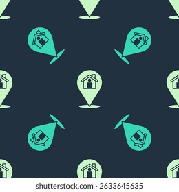 Green and beige Map pointer with house icon isolated seamless pattern on blue background. Home location marker symbol.  Vector