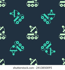 Green and beige Mars rover icon isolated seamless pattern on blue background. Space rover. Moonwalker sign. Apparatus for studying planets surface.  Vector