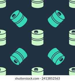 Green and beige Metal beer keg icon isolated seamless pattern on blue background.  Vector