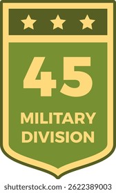 Green and beige military patch representing the 45th division with three stars at the top indicating high achievement and excellence in service