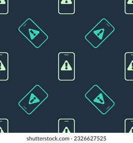 Green and beige Mobile phone with exclamation mark icon isolated seamless pattern on blue background. Alert message smartphone notification.  Vector