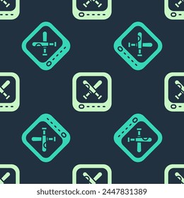 Green and beige Monitor with baseball ball and bat on the screen icon isolated seamless pattern on blue background. Online baseball game.  Vector