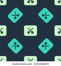 Green and beige Music or video editing icon isolated seamless pattern on blue background.  Vector