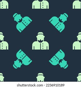 Green and beige Muslim man icon isolated seamless pattern on blue background.  Vector