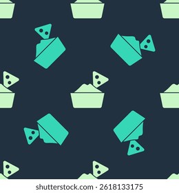 Green and beige Nachos in bowl icon isolated seamless pattern on blue background. Tortilla chips or nachos tortillas. Traditional mexican fast food menu.  Vector