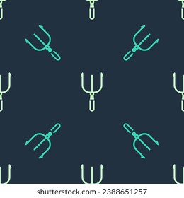 Green and beige Neptune Trident icon isolated seamless pattern on blue background.  Vector