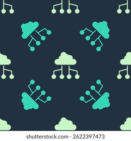 Green and beige Network cloud connection icon isolated seamless pattern on blue background. Social technology. Cloud computing concept.  Vector