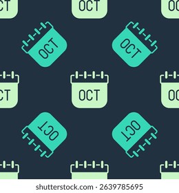 Green and beige October calendar autumn icon isolated seamless pattern on blue background.  Vector