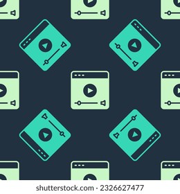 Green and beige Online play video icon isolated seamless pattern on blue background. Film strip with play sign.  Vector