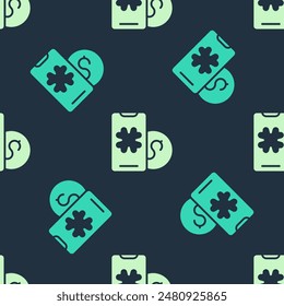 Icono de juego de mesa de póquer en línea verde y beige aislado patrón sin fisuras sobre fondo azul. Casino en línea.  Vector