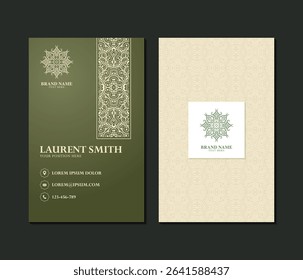 Green and Beige Ornament Business Card Design
