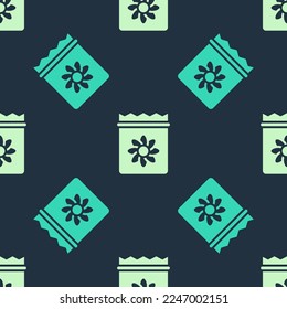 Green and beige Pack full of seeds of a specific plant icon isolated seamless pattern on blue background.  Vector