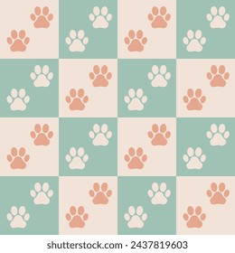 Fondo de pata verde y beige. Patrón de pata. Perro, gato, gatito, huellas de cachorro. Ropa para mascotas, manta. Cartel, folleto, póster, tarjeta. Ilustración vectorial.