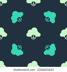 Green and beige Peace cloud icon isolated seamless pattern on blue background. Hippie symbol of peace.  Vector