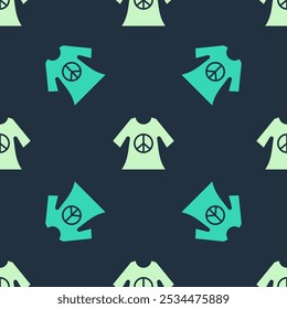 Green and beige Peace symbol dress print stamp icon isolated seamless pattern on blue background.  Vector