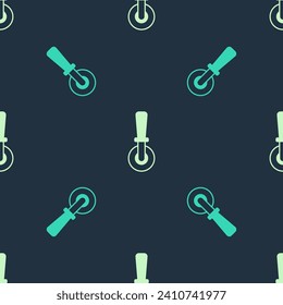 Green and beige Pizza knife icon isolated seamless pattern on blue background. Pizza cutter sign. Steel kitchenware equipment.  Vector