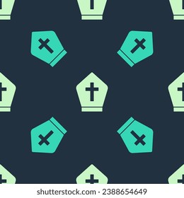 Green and beige Pope hat icon isolated seamless pattern on blue background. Christian hat sign.  Vector