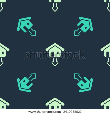 Green and beige Property and housing market collapse icon isolated seamless pattern on blue background. Falling property prices. Real estate stock risk or economic recession.  Vector