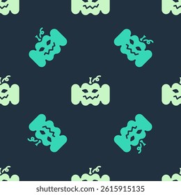 Green and beige Pumpkin icon isolated seamless pattern on blue background. Happy Halloween party.  Vector