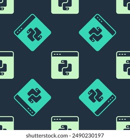 Green and beige Python programming language icon isolated seamless pattern on blue background. Python coding language sign on browser. Device, programming, developing concept.  Vector