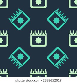 Green and beige Ramadan calendar icon isolated seamless pattern on blue background. Ramadan kareem and Islamic symbols.  Vector