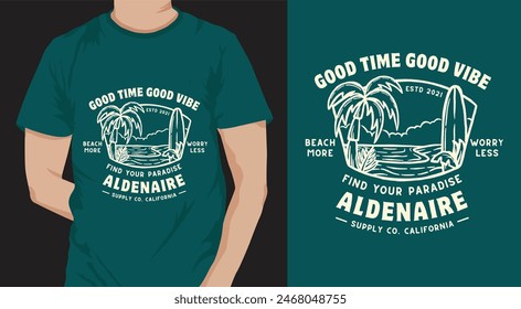 Green beige retro tropical beach t-shirt.