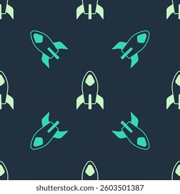 Green and beige Rocket ship icon isolated seamless pattern on blue background. Space travel.  Vector
