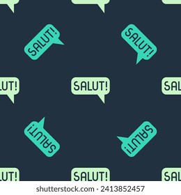 Green and beige Salut in different languages icon isolated seamless pattern on blue background. Speech bubbles.  Vector
