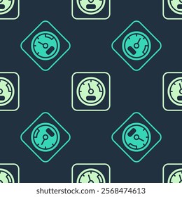 Green and beige Sauna thermometer icon isolated seamless pattern on blue background. Sauna and bath equipment.  Vector