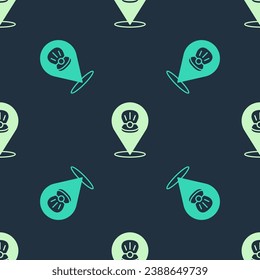 Green and beige Scallop sea shell icon isolated seamless pattern on blue background. Seashell sign.  Vector