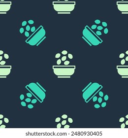 Green and beige Seeds in bowl icon isolated seamless pattern on blue background.  Vector