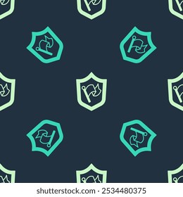 Escudo verde e bege com ícone de bandeira isolado padrão perfeito no fundo azul. Vitória, vencer e conquistar o conceito de adversidade.  Vetor