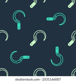 Green and beige Sickle icon isolated seamless pattern on blue background. Reaping hook sign.  Vector