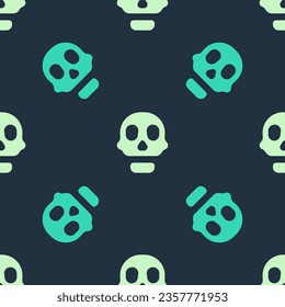 Green and beige Skull icon isolated seamless pattern on blue background. Happy Halloween party.  Vector
