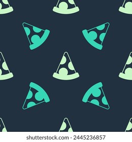 Green and beige Slice of pizza icon isolated seamless pattern on blue background. Fast food menu.  Vector