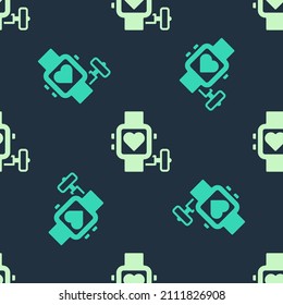 Green and beige Smart watch showing heart beat rate icon isolated seamless pattern on blue background. Fitness App concept.  Vector