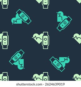 Green and beige Smart watch showing heart beat rate icon isolated seamless pattern on blue background. Fitness App concept. Vector