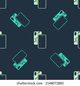 Smartphone verde y beige con icono de pantalla rota aislado sin fisuras en fondo azul. Icono de pantalla de teléfono destrozado. Vector