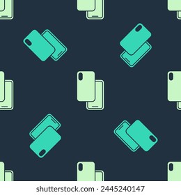 Green and beige Smartphone, mobile phone icon isolated seamless pattern on blue background.  Vector