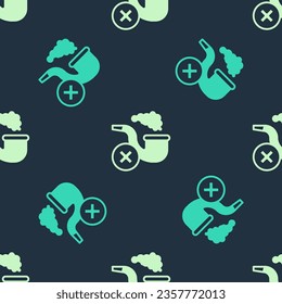 Green and beige Smoking pipe with smoke icon isolated seamless pattern on blue background. Tobacco pipe.  Vector