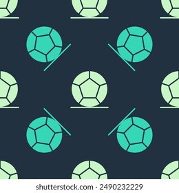 Green and beige Soccer football ball icon isolated seamless pattern on blue background. Sport equipment.  Vector